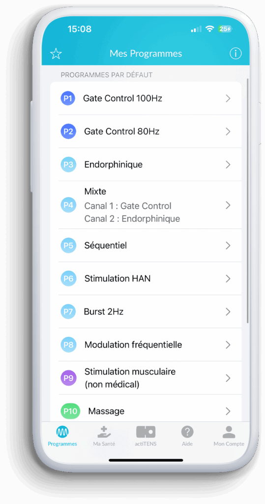 Application actiTENS Mini les programmes